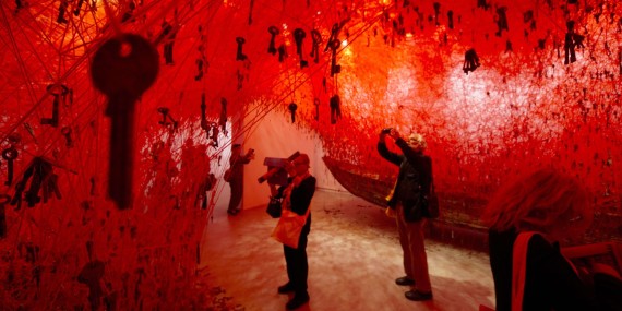 Thousands of keys hang in the Japanese pavilion part of Japanese artist Chiharu Shiota installation 'The Key in the Hand' at the 56th Biennale of Arts in Venice, Wednesday, May 6, 2015. (AP Photo/Domenico Stinellis)/xds127/420915920279/1505062349